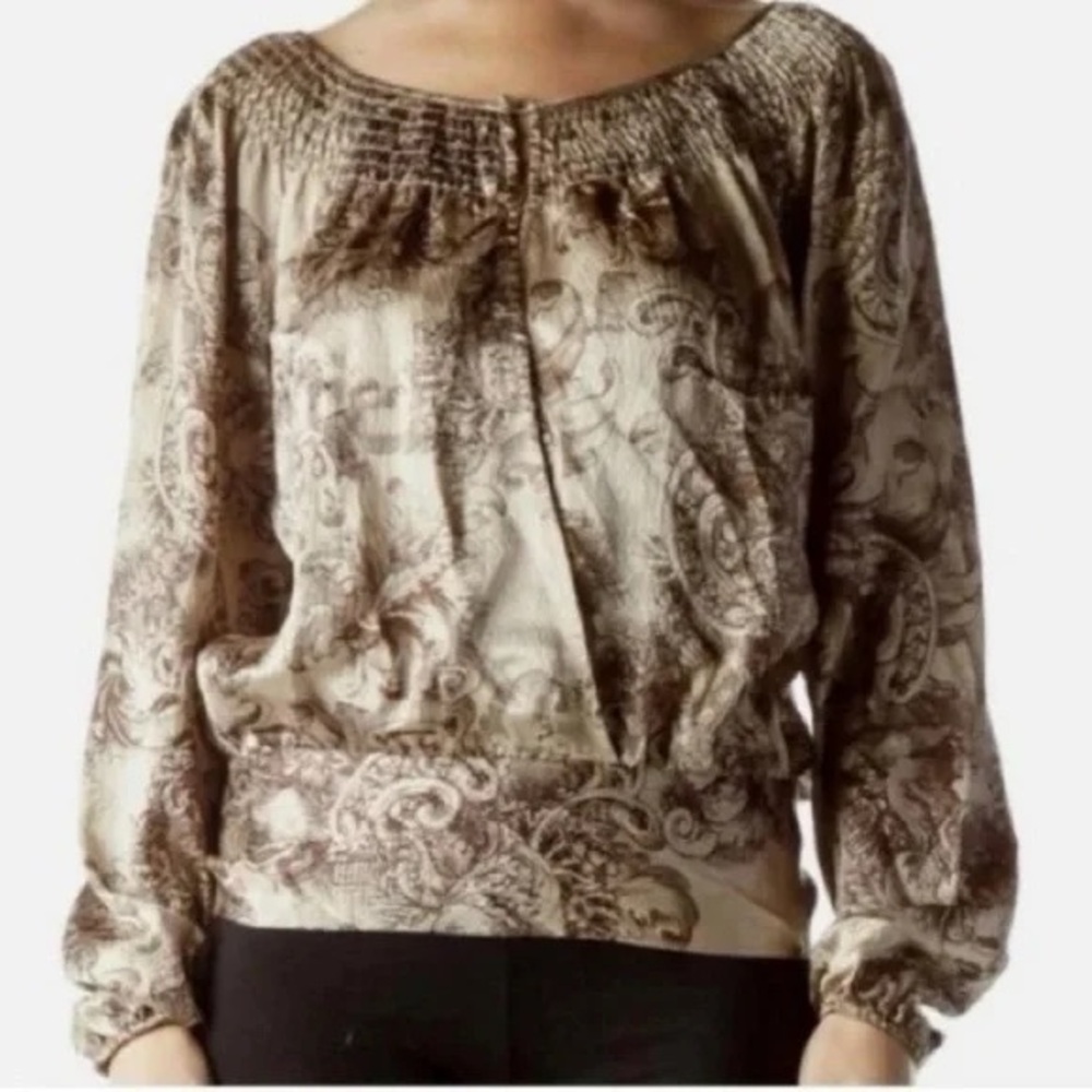 BCBGMaxAzria Brown & Gold Baroque Print Open Back 100% Silk Blouse XS